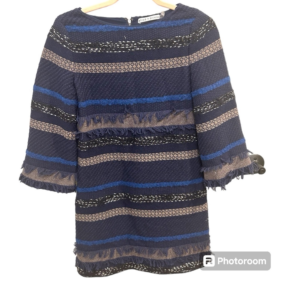 Alice and Olivia Striped Fringe Dress Size 0 EUC blue black metallic M0641
